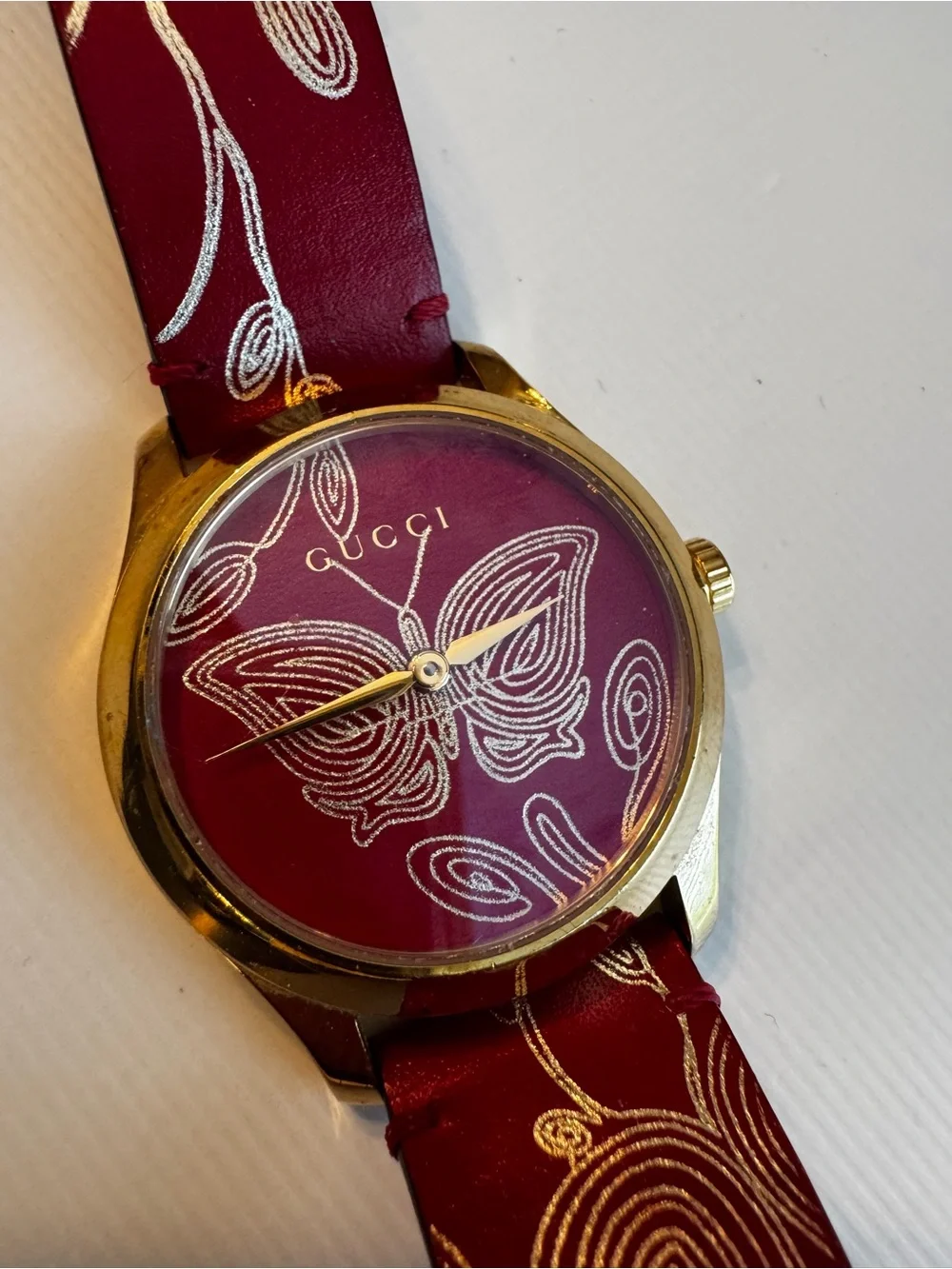 Gucci Gold-Tone Case Watch with Red Butterfly Strap